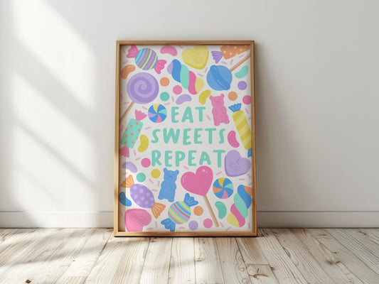 Eat Sweets Repeat Print: Colorful Candy Wall Art, Playroom Decor
