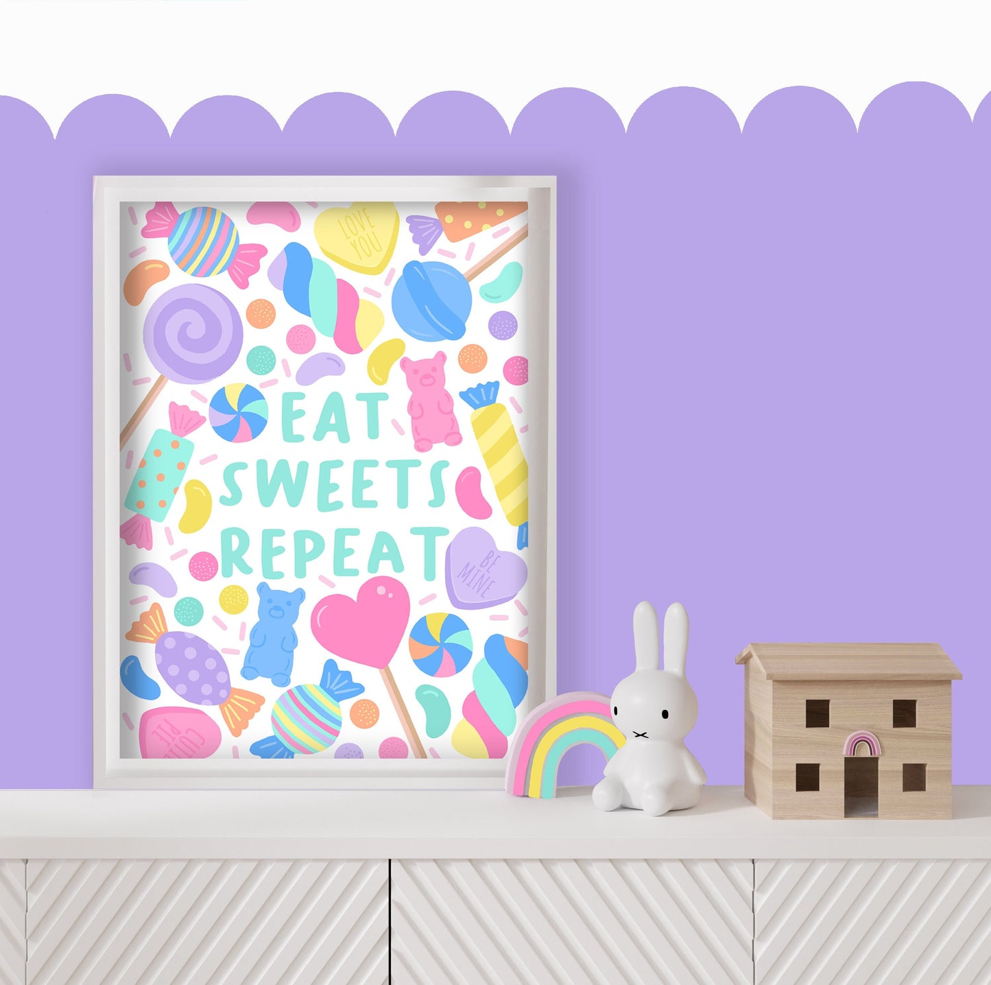 Eat Sweets Repeat Print: Colorful Candy Wall Art, Playroom Decor