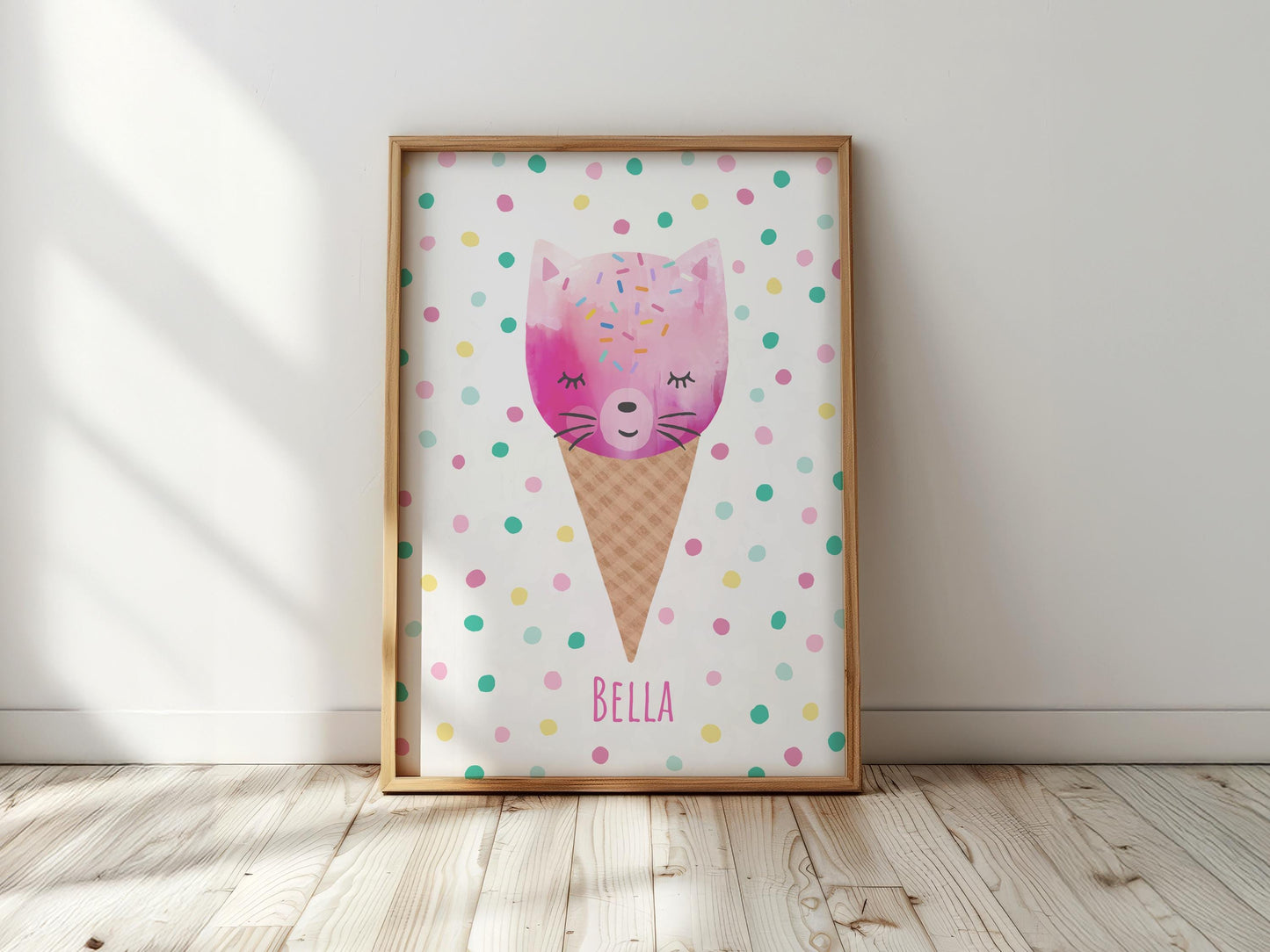 Cool Cat Ice Cream -  Personalised Ice Lolly Print, Girls Bedroom Wall Art