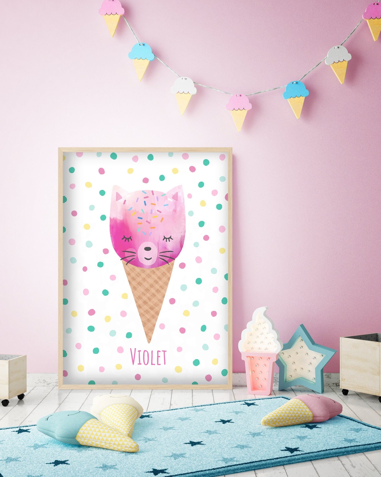 Cool Cat Ice Cream -  Personalised Ice Lolly Print, Girls Bedroom Wall Art