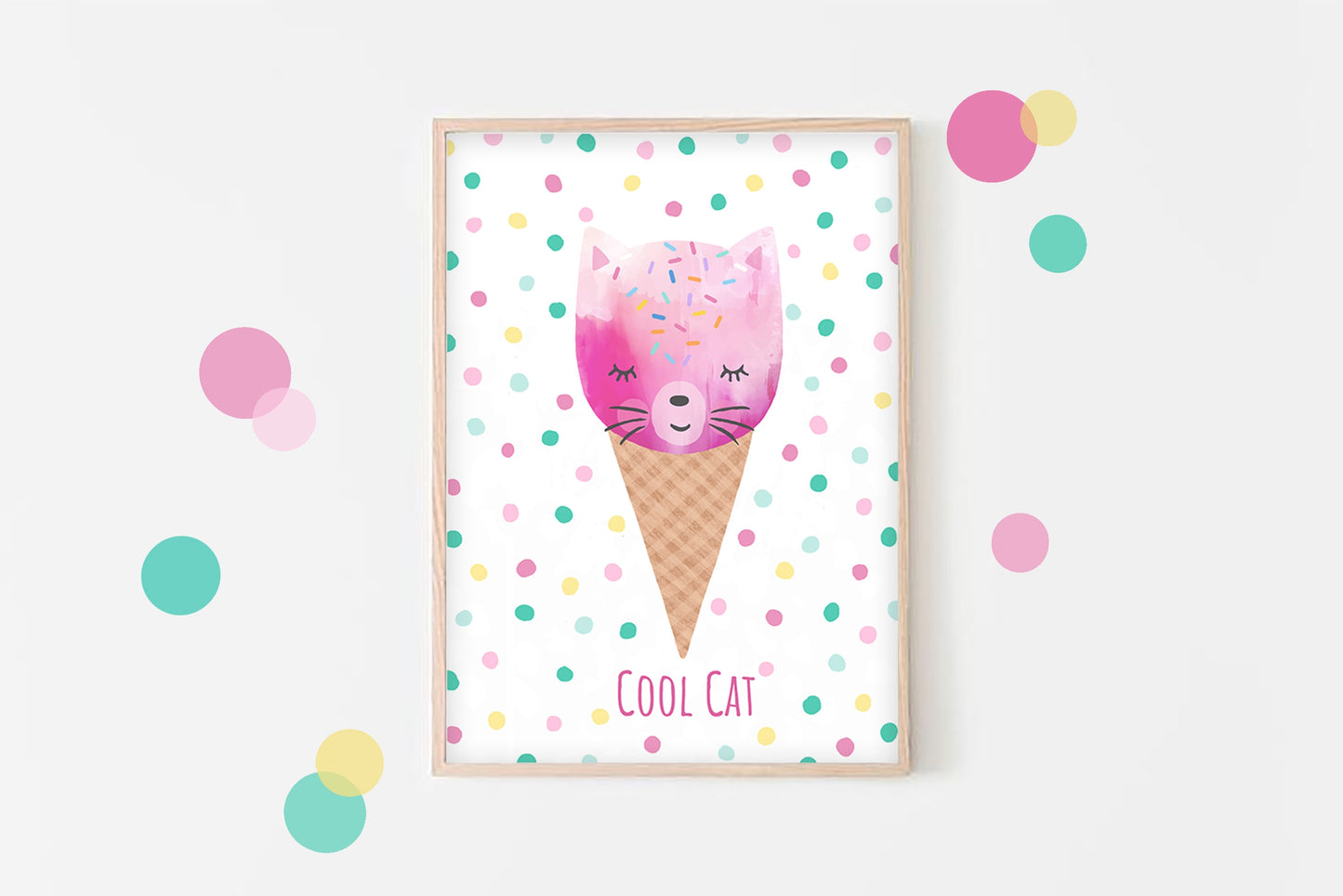 Cool Cat Ice Cream -  Personalised Ice Lolly Print, Girls Bedroom Wall Art