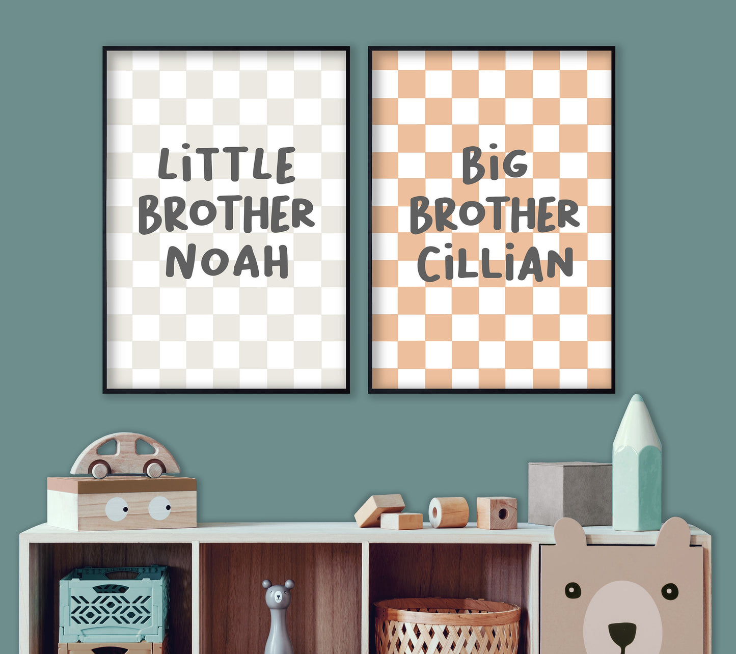 Big Brother Little Brother Print Set: Personalised Checkered Nursery Decor