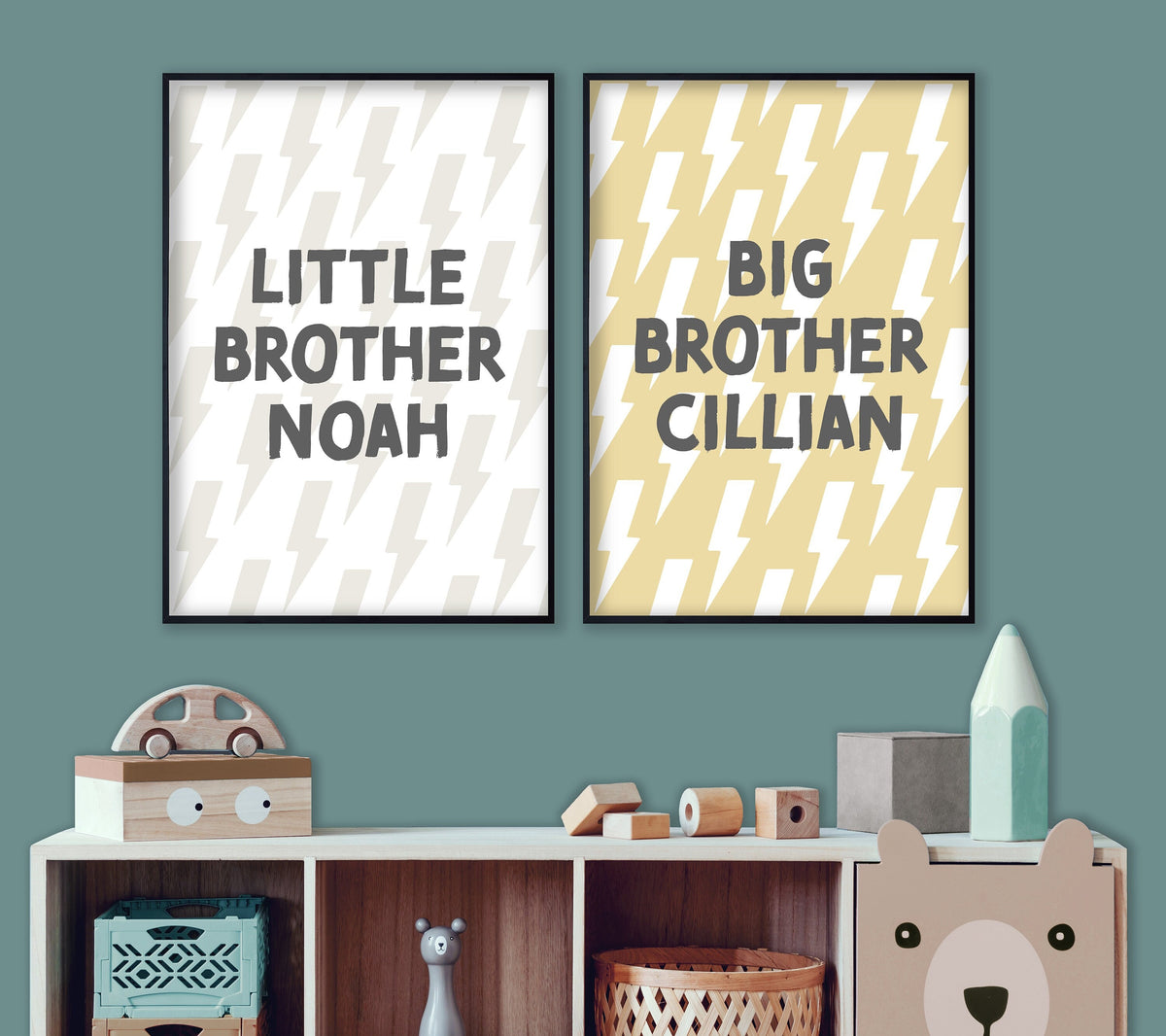Personalised Big Brother Little Brother Lightning Bolt Print Set