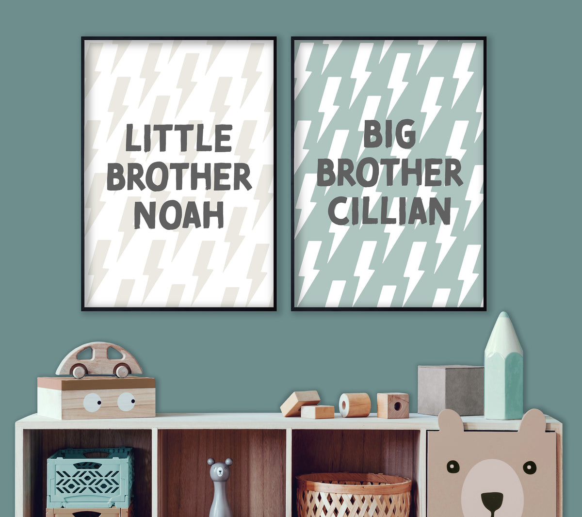Personalised Big Brother Little Brother Lightning Bolt Print Set