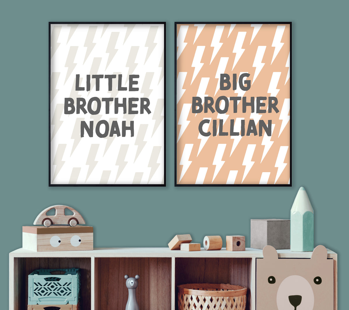 Personalised Big Brother Little Brother Lightning Bolt Print Set