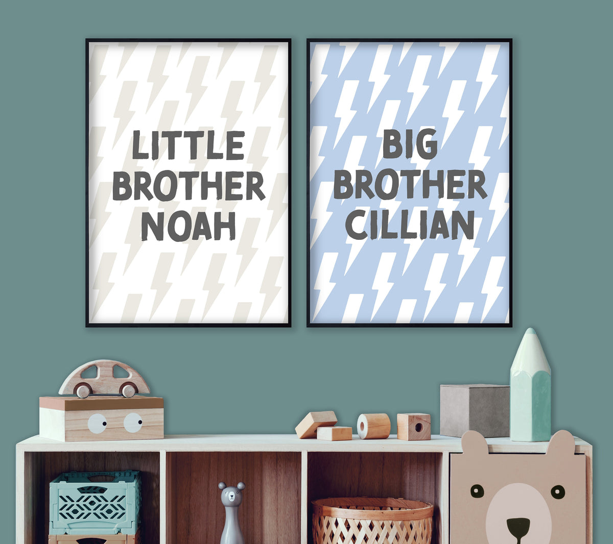 Personalised Big Brother Little Brother Lightning Bolt Print Set