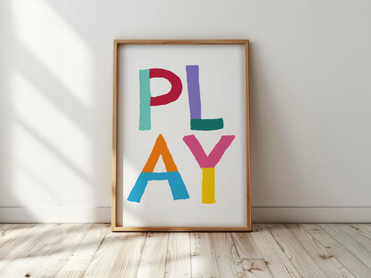 PLAY - Children’s Colourful Wall Art, Kids Bedroom Decor, Playroom Poster, Nursery Print