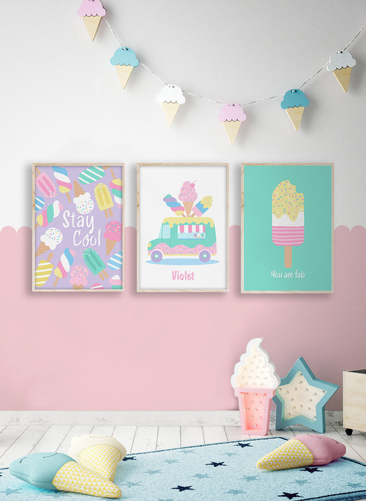 Personalised Ice Cream Truck Print Set: Pastel Nursery Wall Art