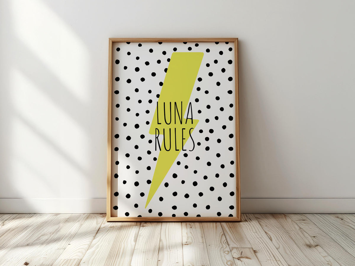 Girls Custom Name Print: Lightning Bolt Kids Room Decor
