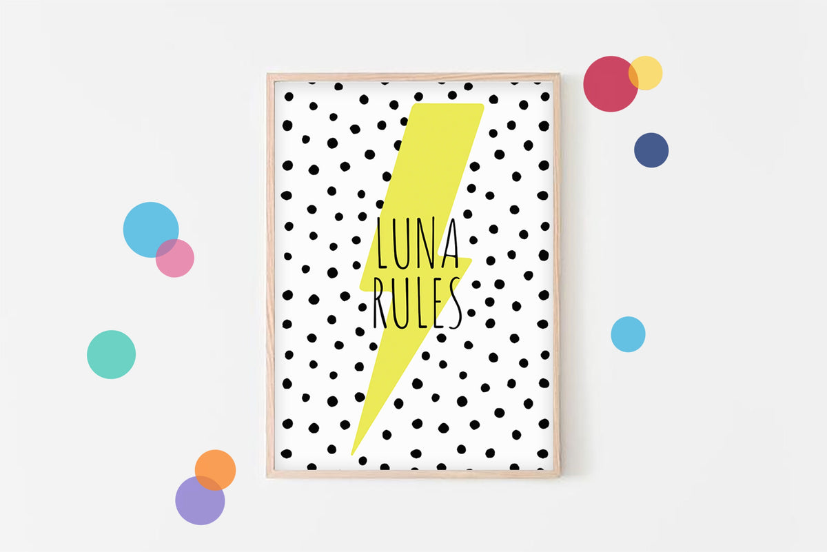 Girls Custom Name Print: Lightning Bolt Kids Room Decor