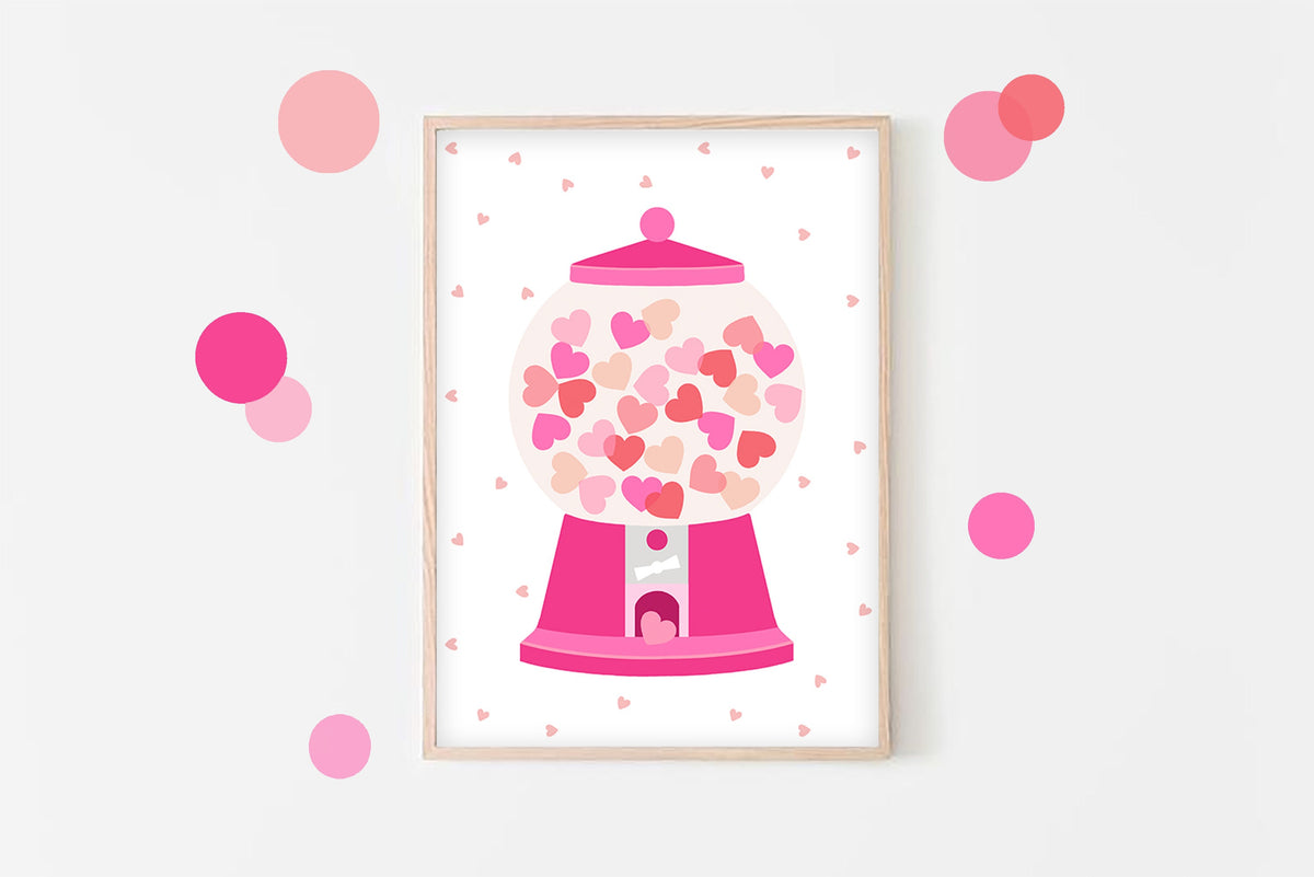 Love Hearts Gumball Machine Art Print: Valentine's Day Decor