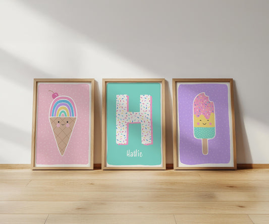 Personalised Ice Cream Prints: Playroom Nursery Wall Art Set