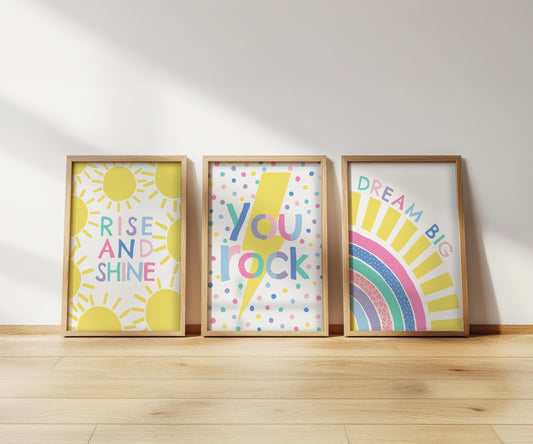 Sunshine, Lightning Bolt, Rainbow Prints: Colorful Nursery Wall Art