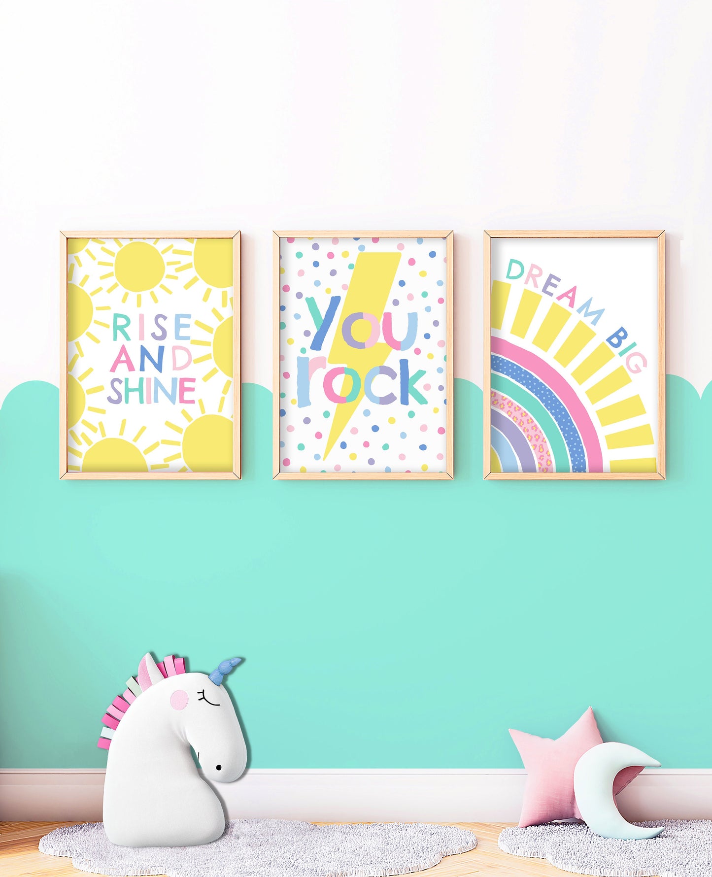 Sunshine, Lightning Bolt, Rainbow Prints: Colorful Nursery Wall Art