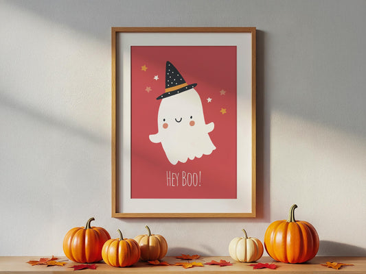 Hey Boo! - Cute Ghost, Pastel Halloween, Poster Print, Wall Art