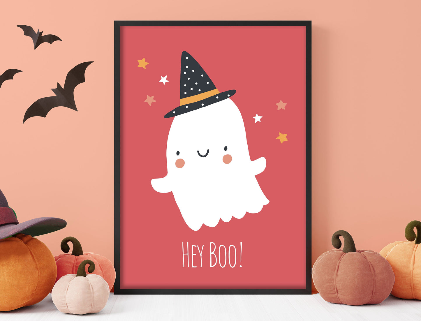 Hey Boo! - Cute Ghost, Pastel Halloween, Poster Print, Wall Art