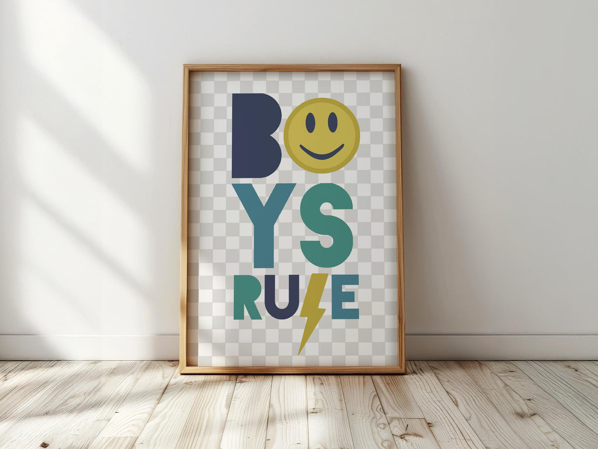 Boys Rule Smiley Face - Lightening Bolt, Boy's Bedroom, Kid's Nursery Print, Children's Playroom Poster