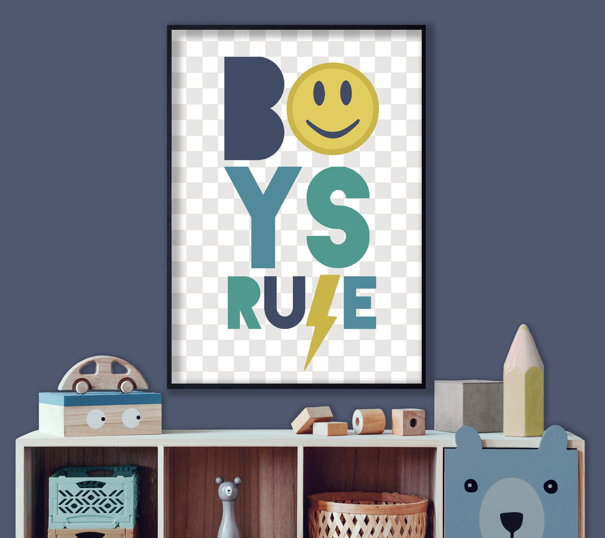 Boys Rule Smiley Face - Lightening Bolt, Boy's Bedroom, Kid's Nursery Print, Children's Playroom Poster