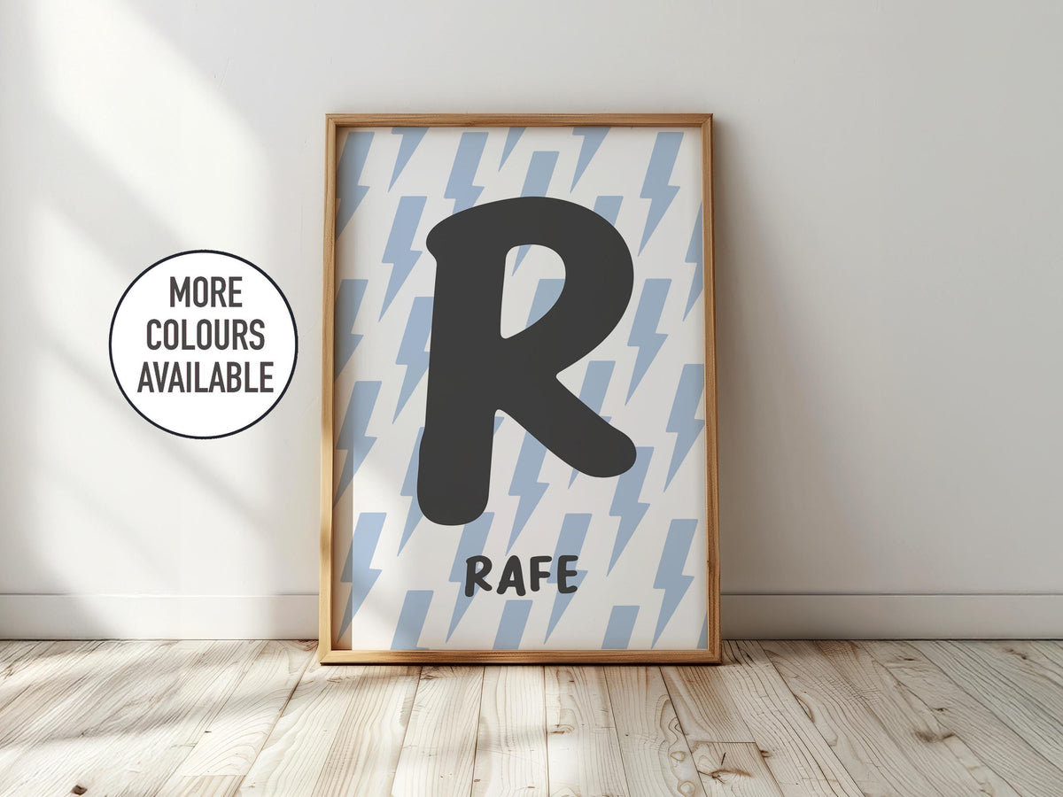 Lightening Bolt Initial Name Print: Personalised Kids Wall Art