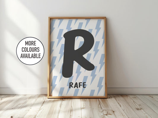 Lightening Bolt Initial Name Print: Personalised Kids Wall Art