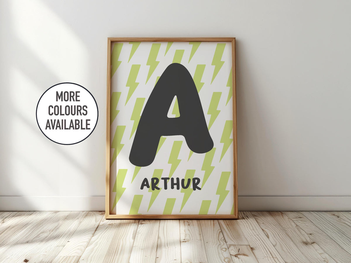 Lightening Bolt Initial Name Print: Personalised Kids Wall Art