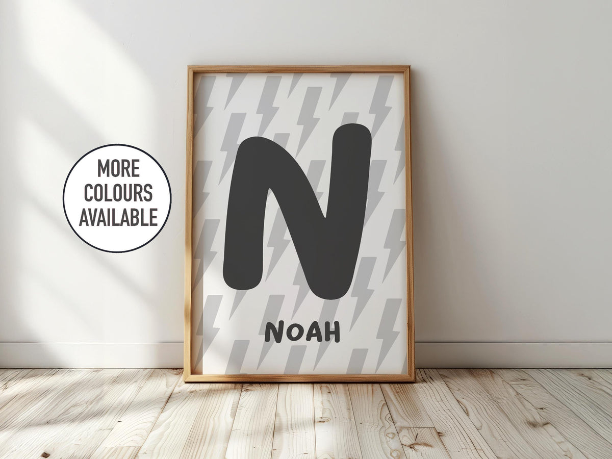 Lightening Bolt Initial Name Print: Personalised Kids Wall Art