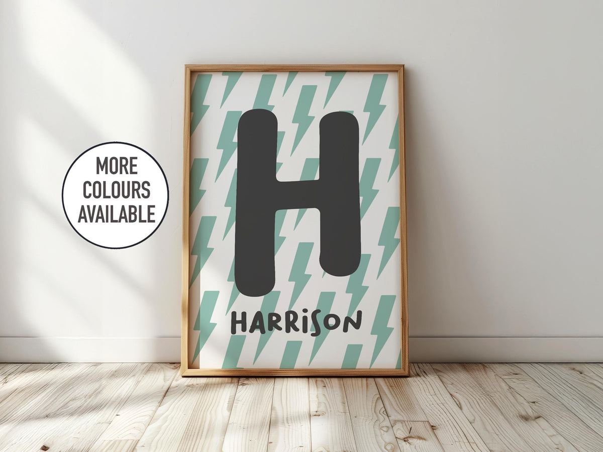Lightening Bolt Initial Name Print: Personalised Kids Wall Art