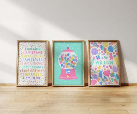 Personalised Sweets Affirmation Print Set: Kids Nursery, Playroom Wall Art