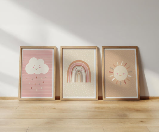 Weather Print Set: Rainbow, Cloud, Sunshine - Natural Nursery Decor