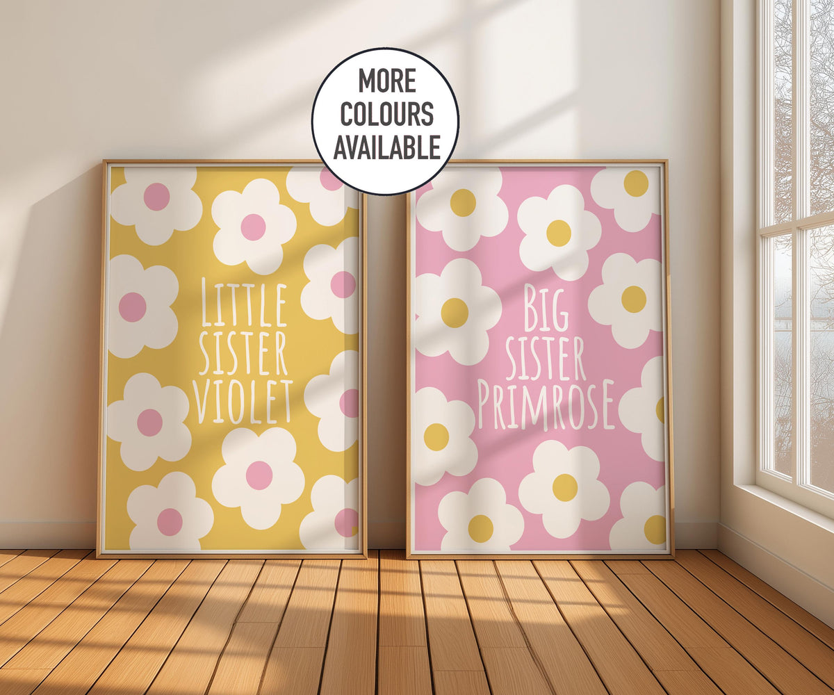 Big Sister, Little Sister - Sisters Floral Wall Art, Personalised Print Set, Custom Bedroom Decor