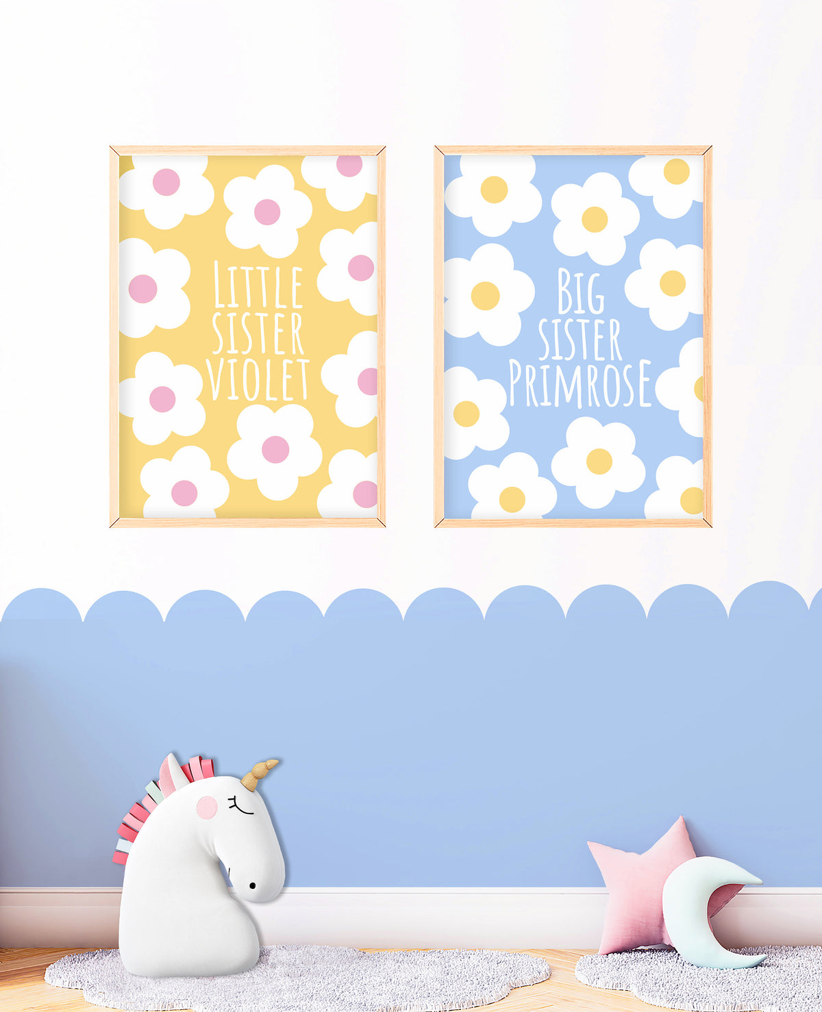 Big Sister, Little Sister - Sisters Floral Wall Art, Personalised Print Set, Custom Bedroom Decor