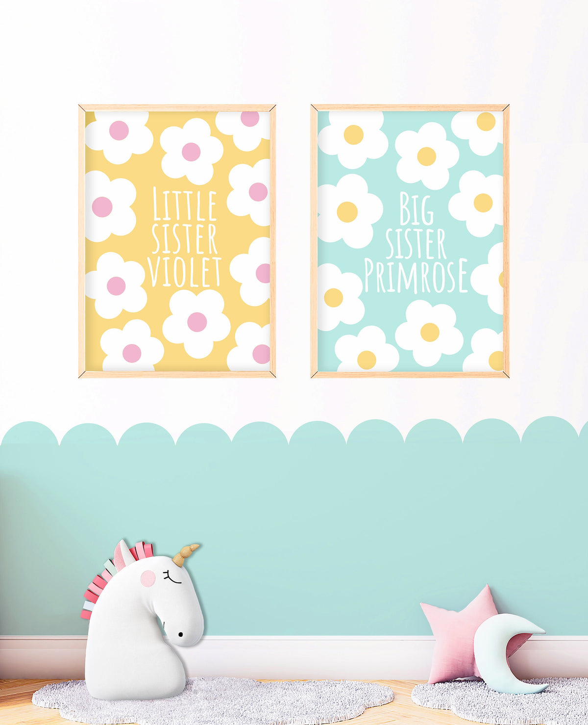 Big Sister, Little Sister - Sisters Floral Wall Art, Personalised Print Set, Custom Bedroom Decor