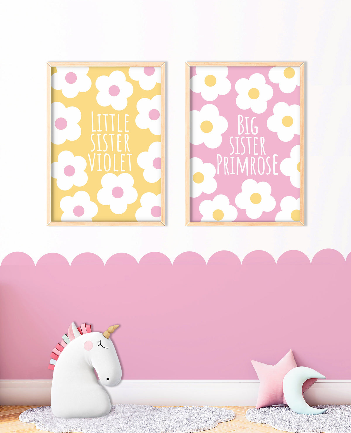 Big Sister, Little Sister - Sisters Floral Wall Art, Personalised Print Set, Custom Bedroom Decor