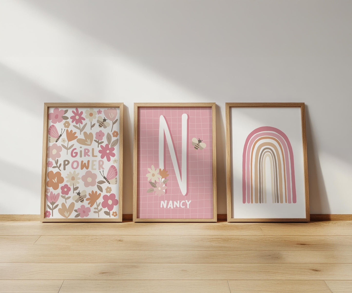 Girl Power Print Set: Floral Nursery Decor, Personalised Initial Art