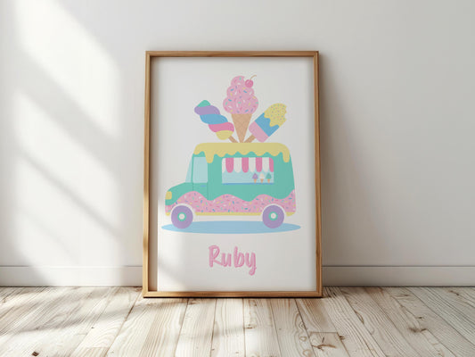 Personalised Ice Cream Truck Print: Kids Nursery Wall Art