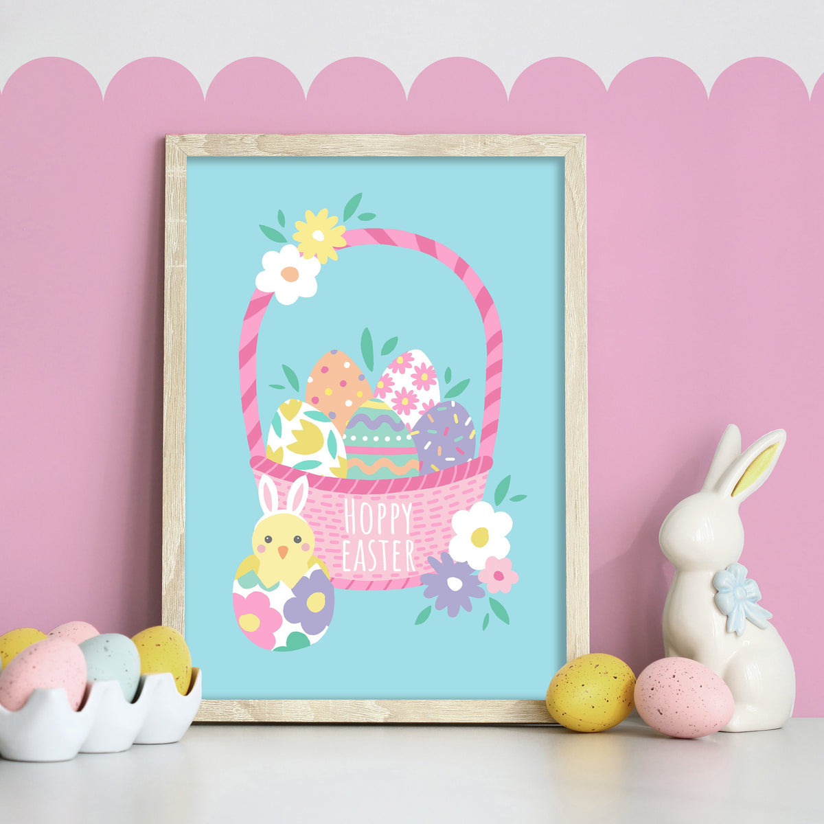 Easter Basket Print: Pastel Eggs, Spring Decor