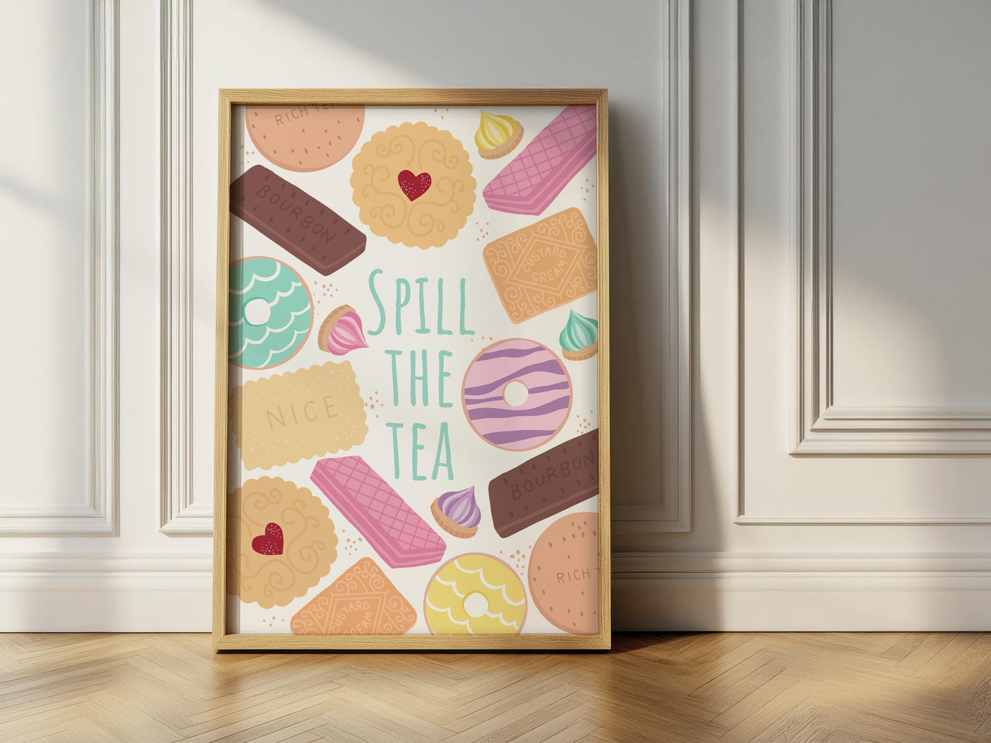 Spill The Tea - Cute Traditional English Biscuit Poster Print, Home Decor, Kitchen Wall Art