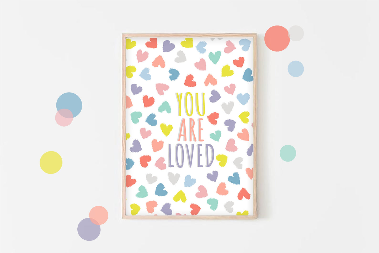 You Are Loved Print: Colorful Hearts Nursery Decor
